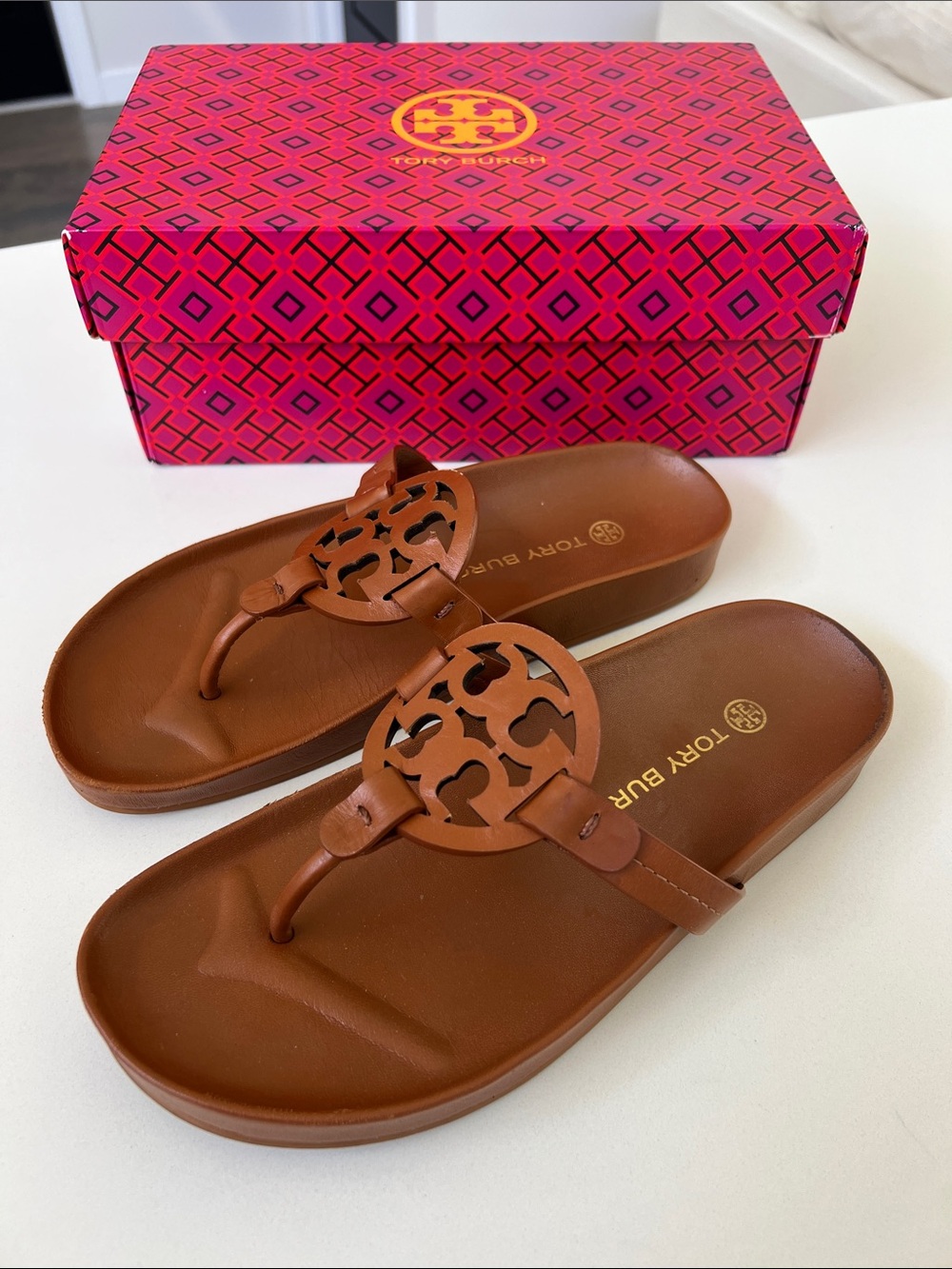Tory Burch miller cloud nappa leather bourbon miele sandals size 7.5